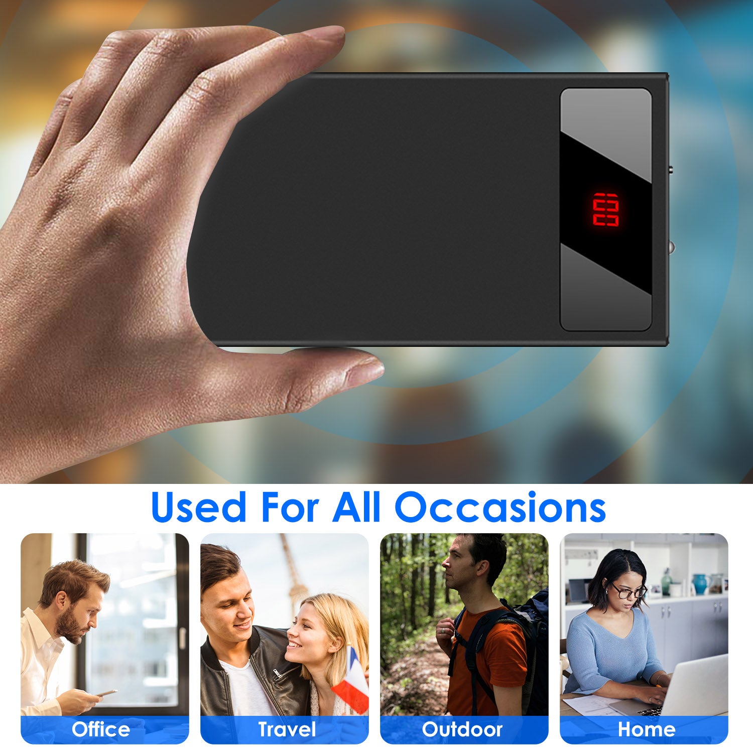 1Pc 20000mAh Power Bank Ultra-thin Phone Charger Dual USB Port Flashlight Battery Remain Display