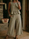 Womens Ruffled Hem Sleeveless Tank Top And Cropped Pants Cotton-Linen Set